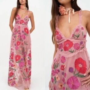 For Love & Lemons Kaylee embroidered Tulle Floral Boho Maxi Dress NWOT small